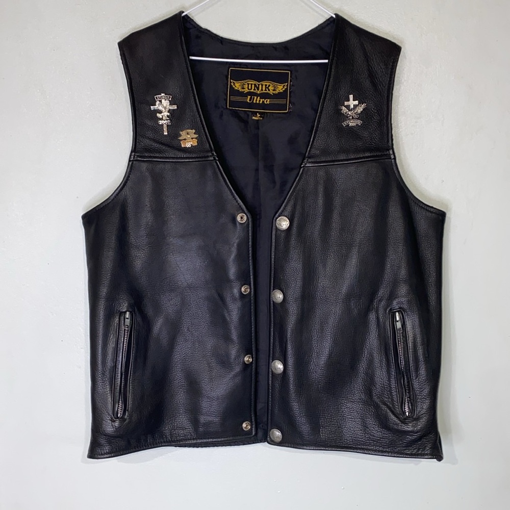 UNIK Ultra Buffalo Mens Premium Black Leather Motorcycle Biker Vest Size Large